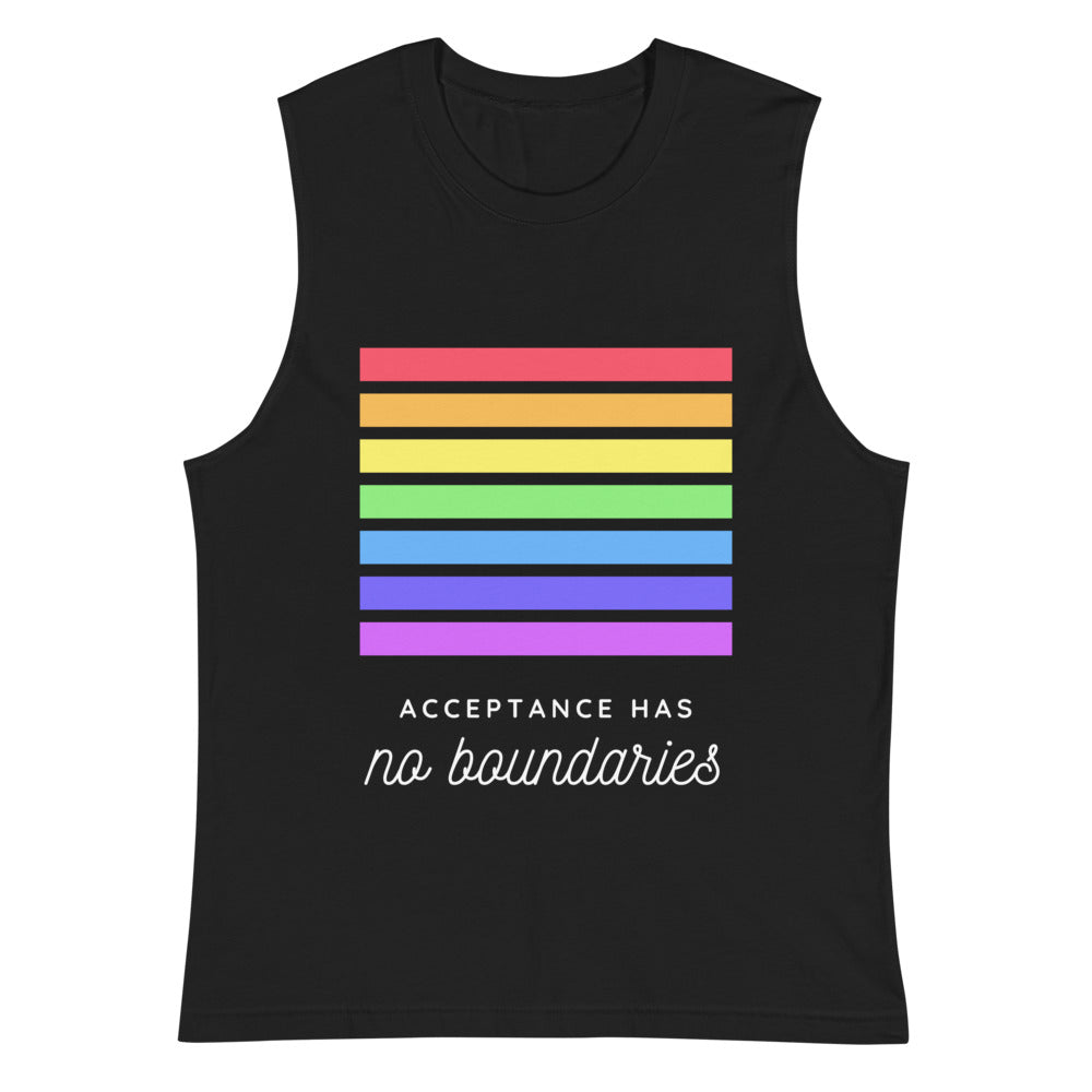 Front view of a black muscle tank with rainbow bars and “Acceptance Has no boundaries” text