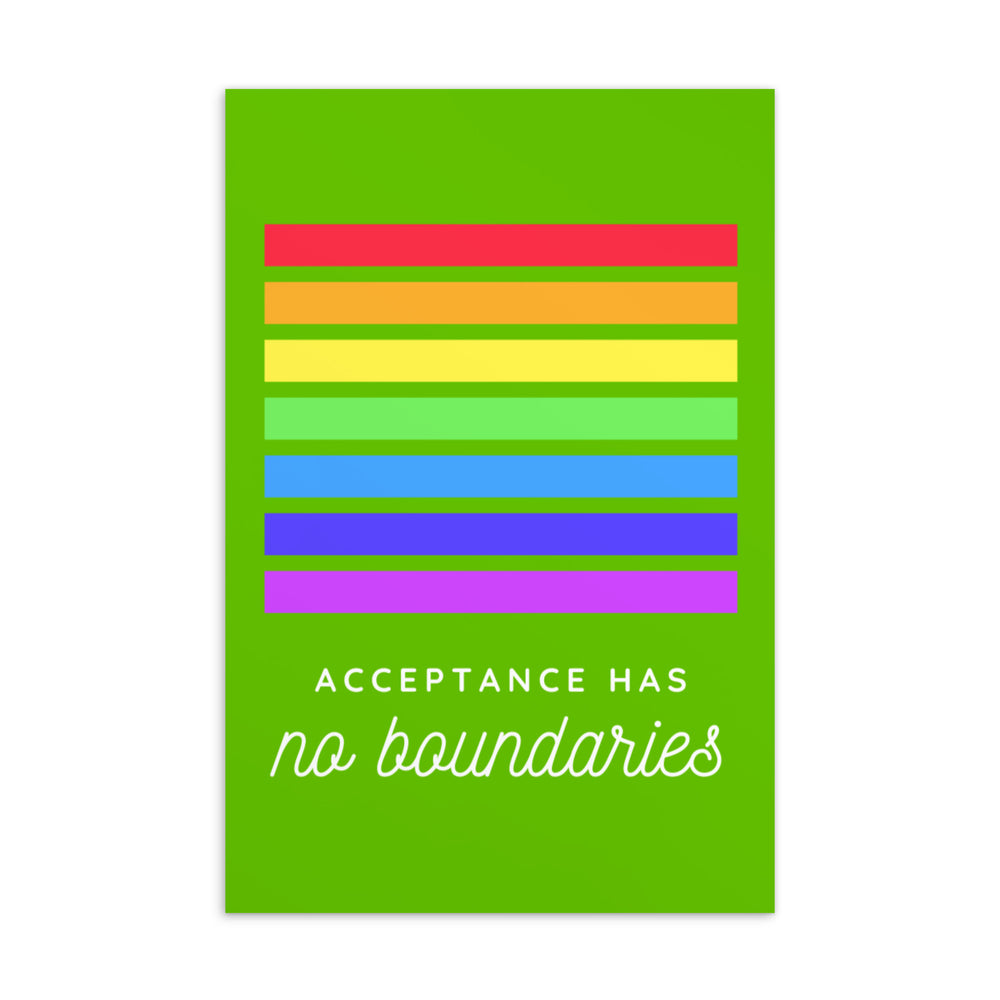 Front-facing green postcard with seven rainbow bars and the text “Acceptance Has no boundaries”