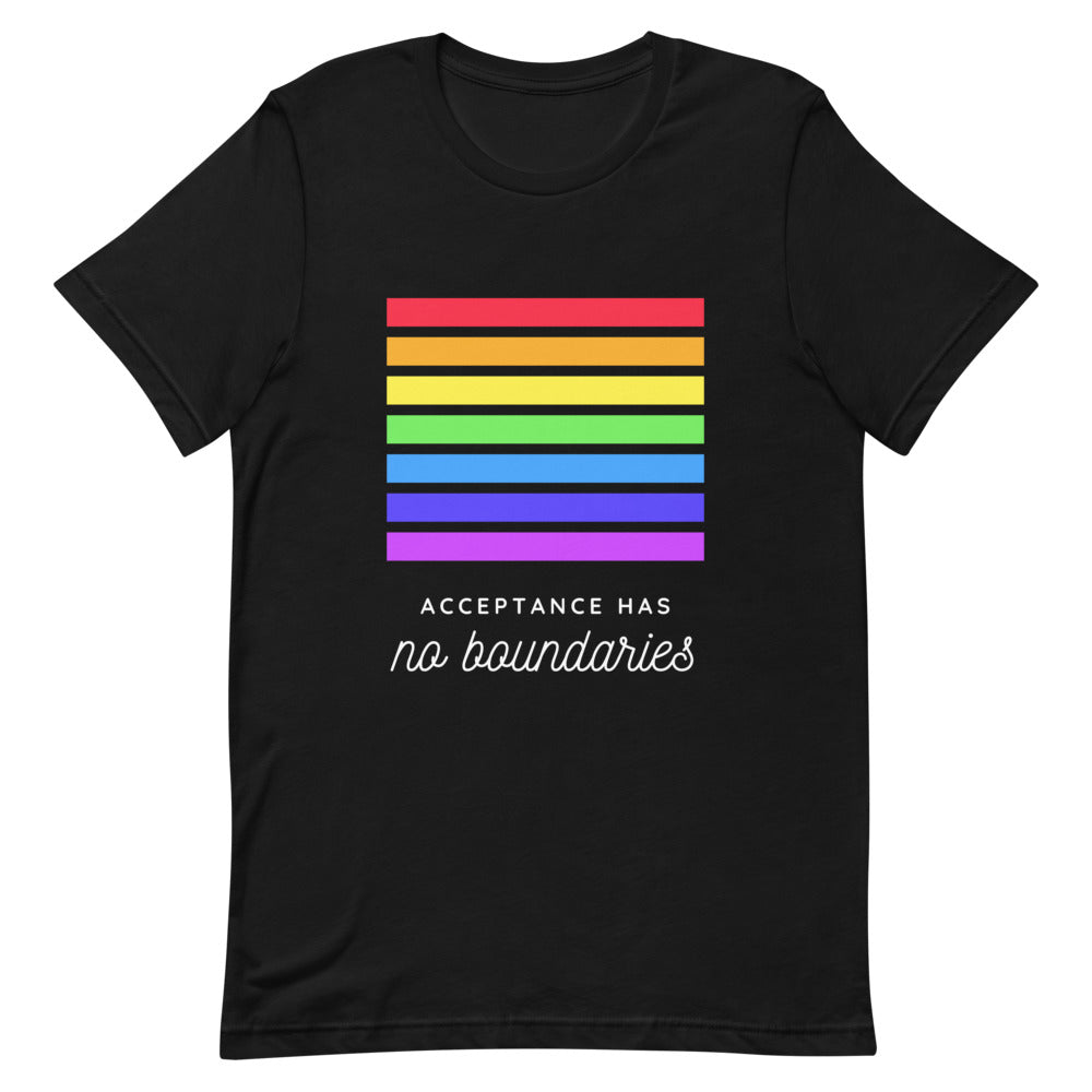 Black T-shirt with rainbow stripes and the words “Acceptance Has No Boundaries”