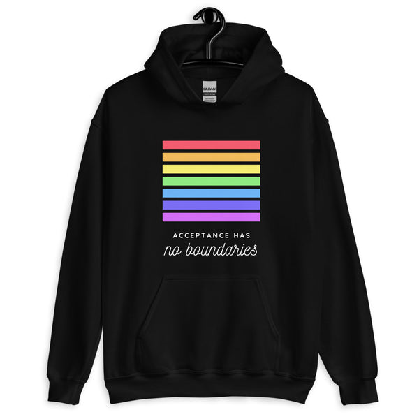 Front view of a black hoodie with rainbow stripes and “ACCEPTANCE HAS no boundaries” text