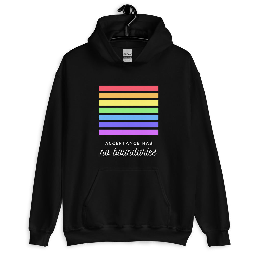 Front view of a black hoodie with rainbow stripes and “ACCEPTANCE HAS no boundaries” text