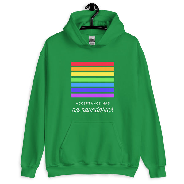 Front-view green hoodie with rainbow stripes and “ACCEPTANCE HAS no boundaries” text