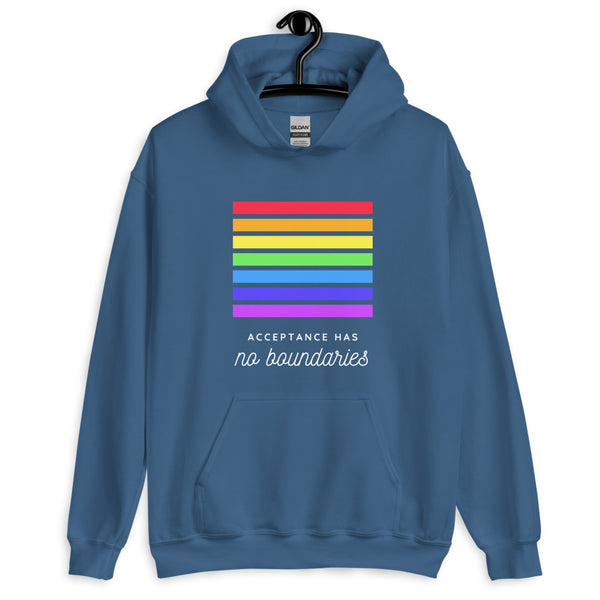 Front view of a blue hoodie with rainbow stripes and “Acceptance Has no boundaries” text