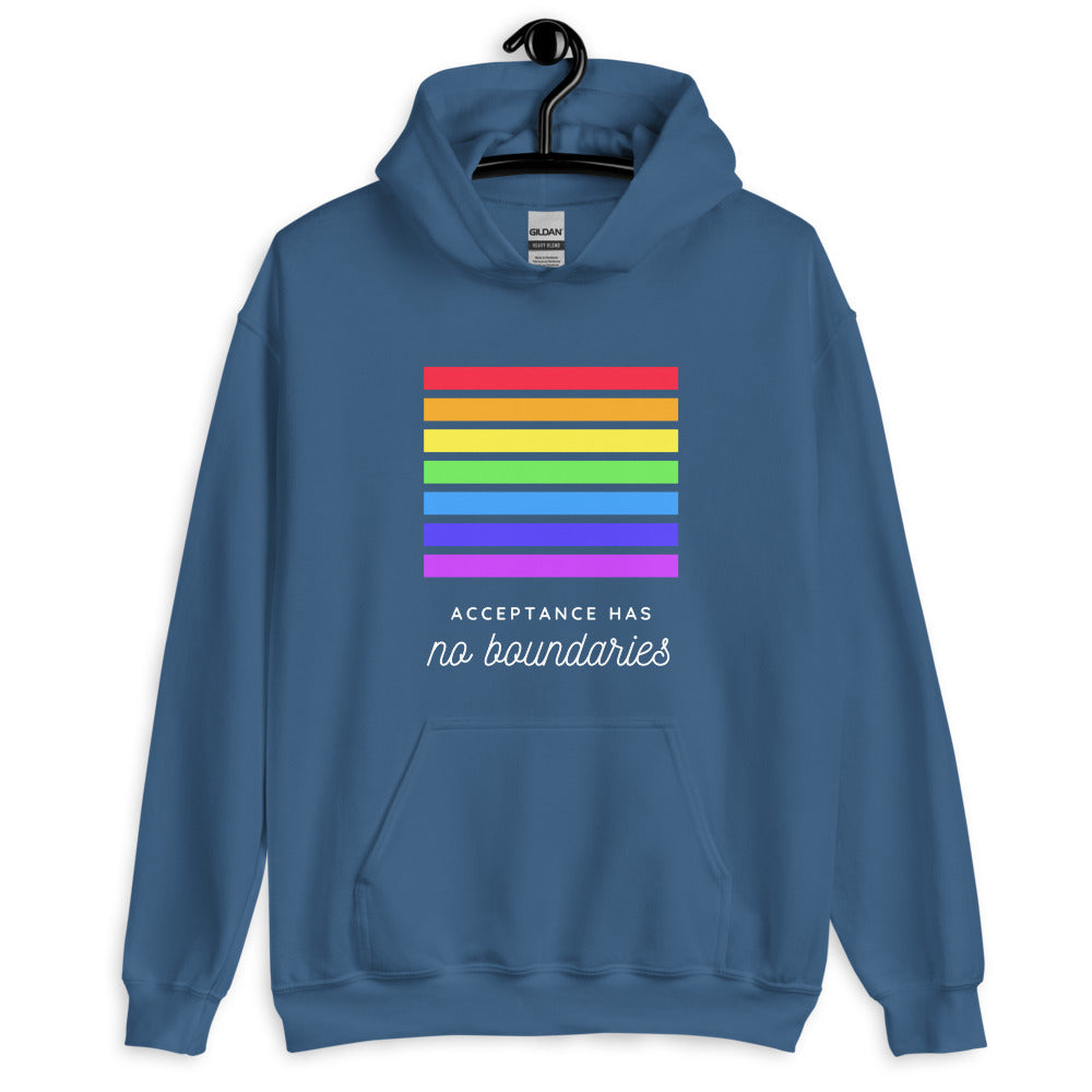 Front view of a blue hoodie with rainbow stripes and “Acceptance Has no boundaries” text
