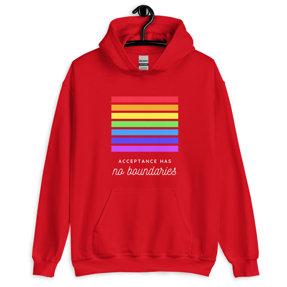 Front view of a red hoodie with rainbow bars and “Acceptance Has no boundaries” text