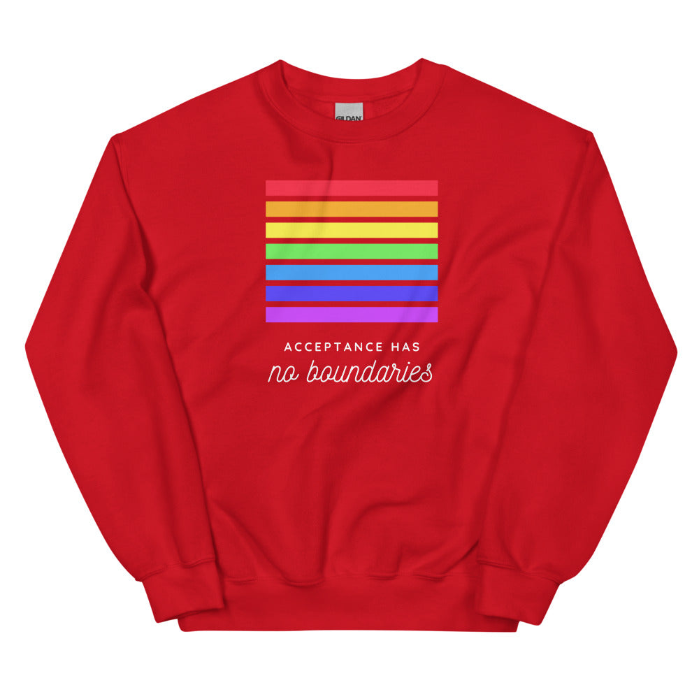 Front view of a red sweatshirt with rainbow bars and “Acceptance Has no boundaries” text