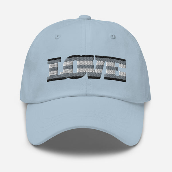 Front view of a light blue baseball cap embroidered with the word “LOVE”
