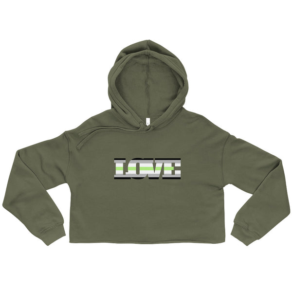Front view of an olive-green cropped hoodie with a hood and LOVE graphic across the chest
