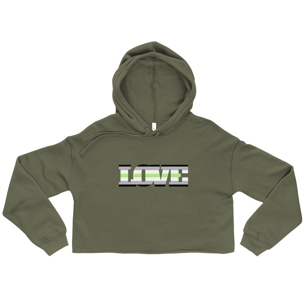 Front view of an olive-green cropped hoodie with a hood and LOVE graphic across the chest