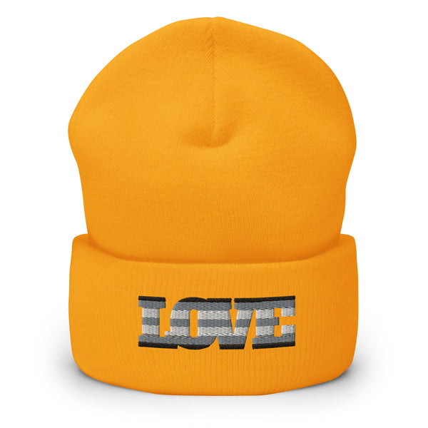 Front-facing orange cuffed beanie embroidered with the word “LOVE” in gray and black