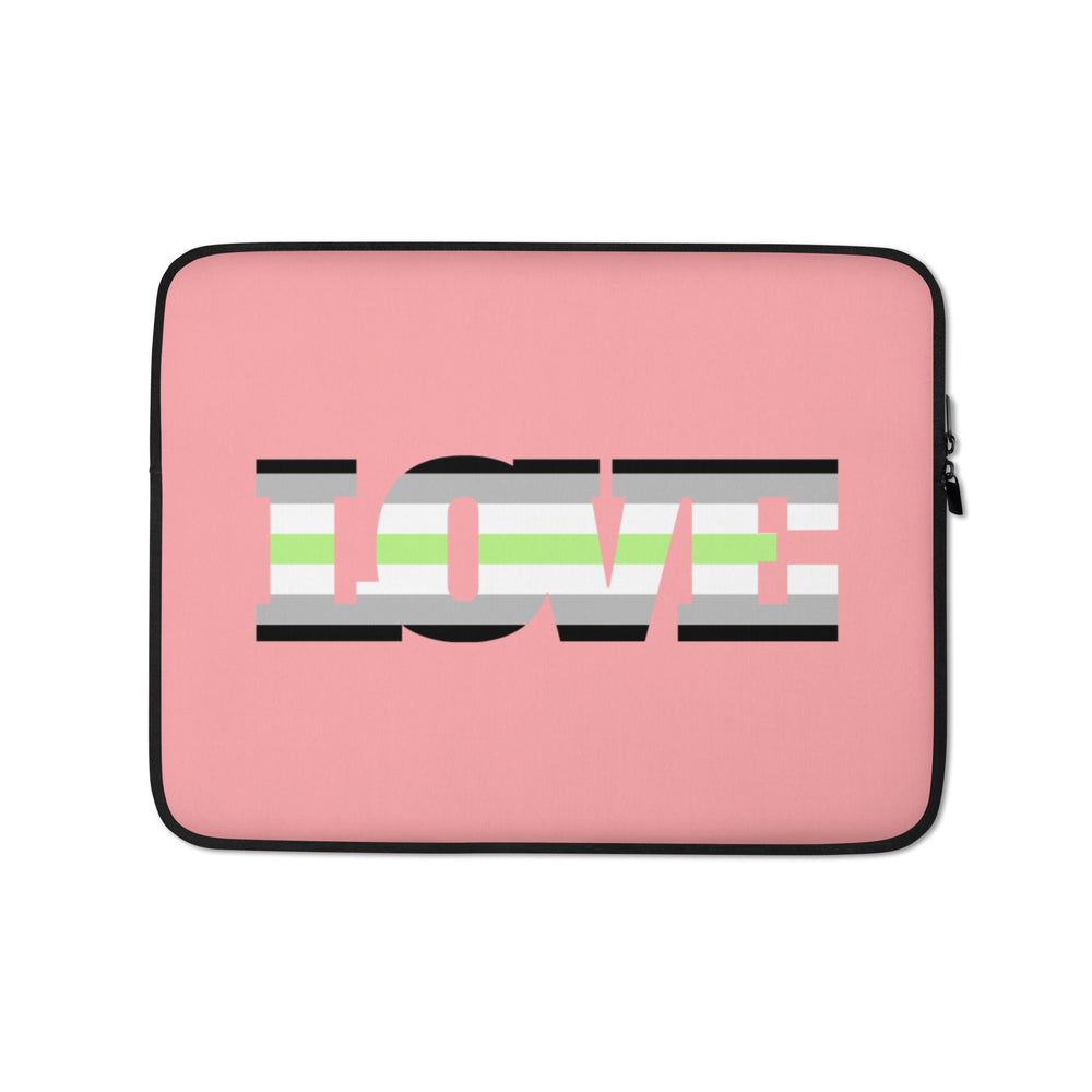 Pink laptop sleeve with black trim and a stylized agender flag reading “LOVE.”