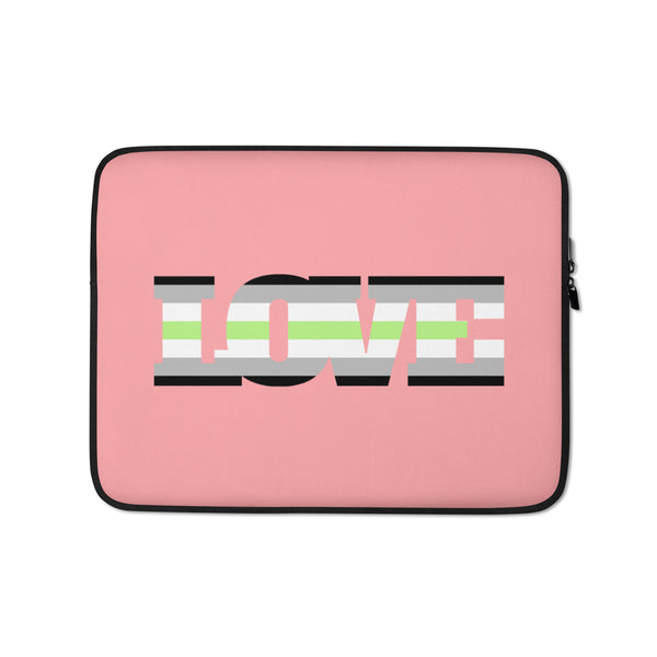 Pink laptop sleeve with black trim and a stylized agender flag reading “LOVE.”
