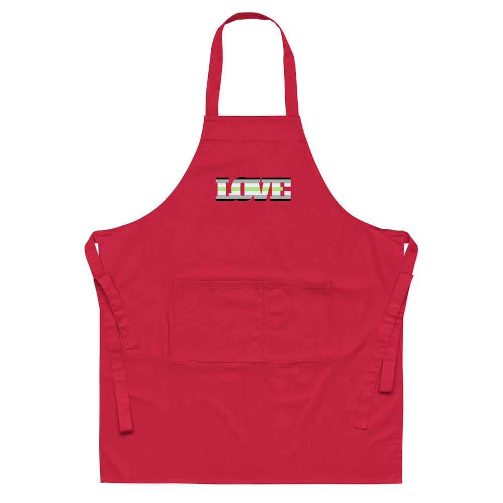 Front view of a red apron with neck loop, waist ties, large pocket, and “LOVE” graphic