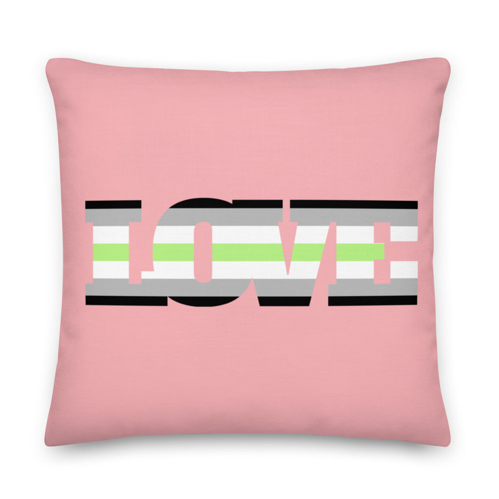 Square pink pillow with a black, gray, white, and lime-green striped agender flag design