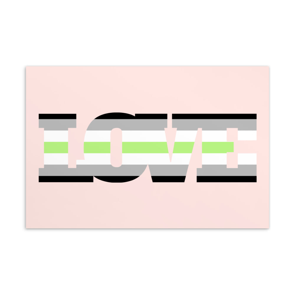 Pink postcard with bold agender flag stripes forming the word “LOVE”