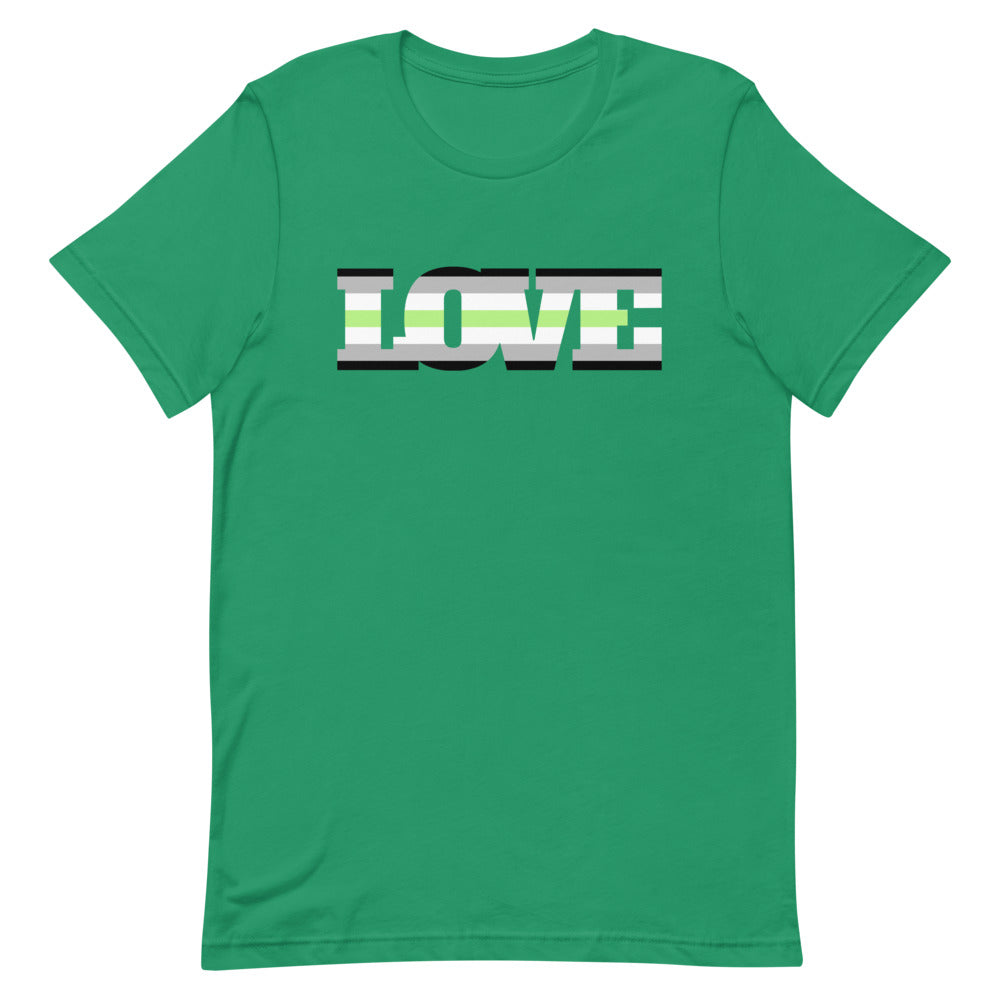 Front view of a green T-shirt with bold LOVE lettering in black, white, and green stripes