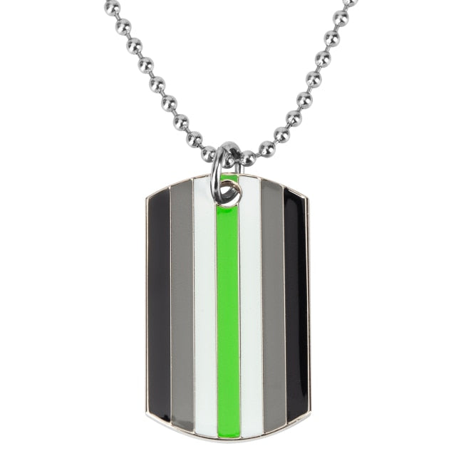 Silver ball-chain necklace with a striped agender pride tag pendant