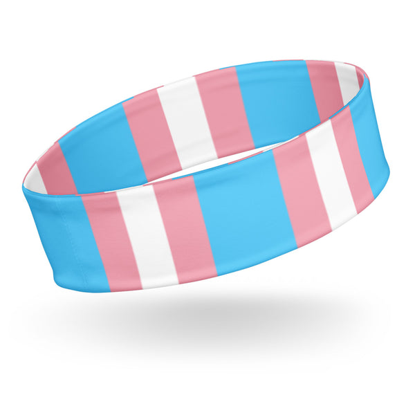 Transgender Pride headband shown at an angle with blue, pink, and white stripes