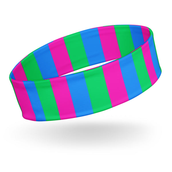 Wide headband with alternating bright pink, green, and blue vertical stripes, shown at an angle