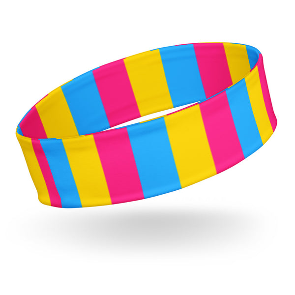 Pansexual pride headband shown alone at an angle with pink, yellow, and blue stripes