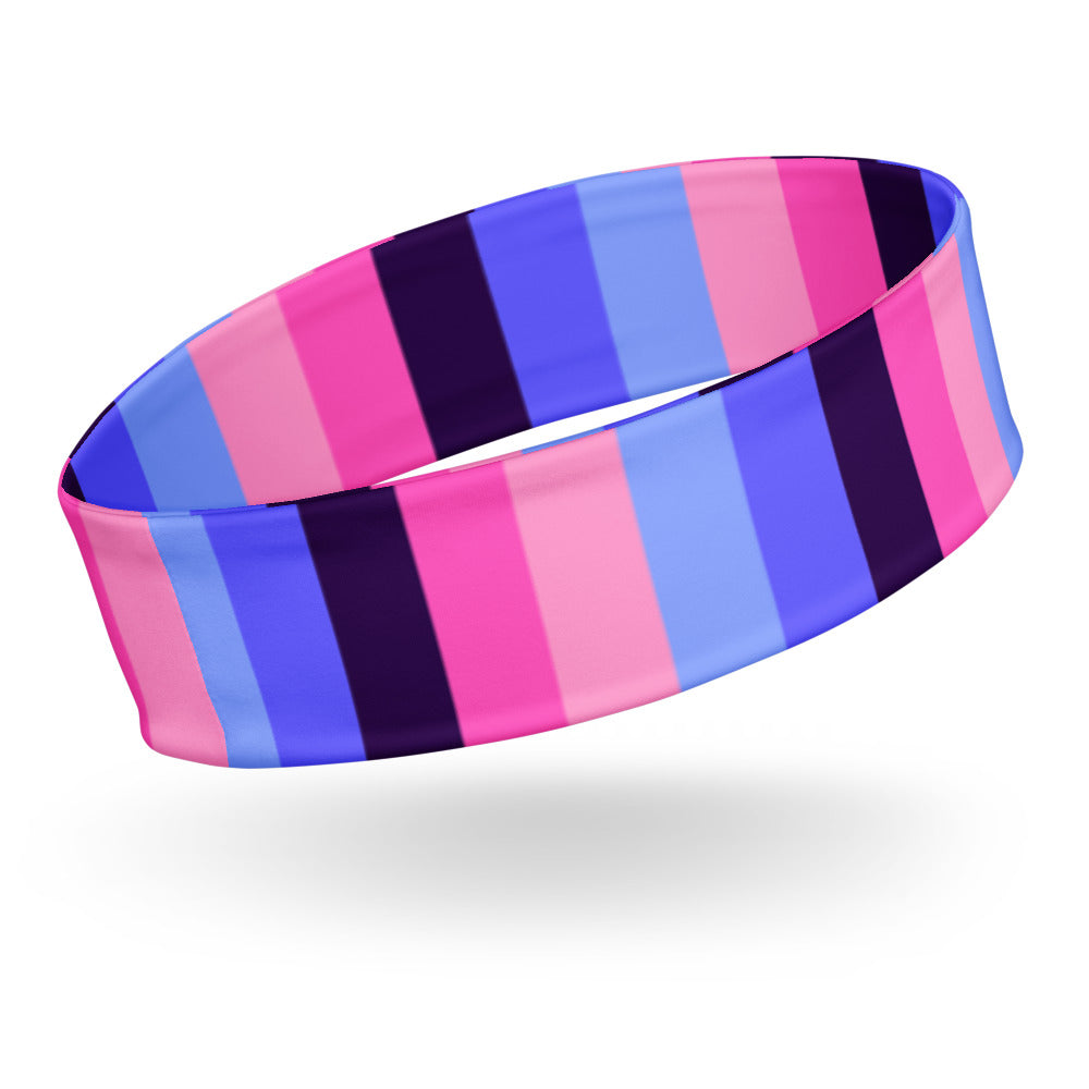 Omnisexual pride headband shown at an angle with pink, blue, and purple stripes