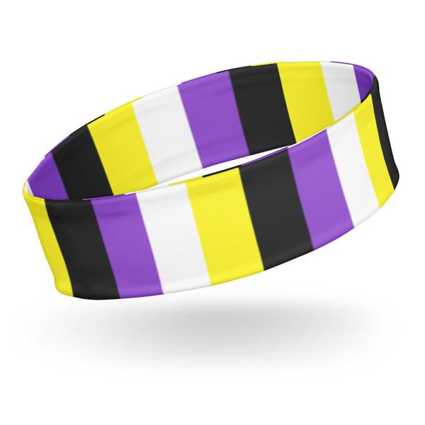 non binary fan: Non-Binary Pride Headband with bold white, black, purple, and yellow stripes, worn by a person with short