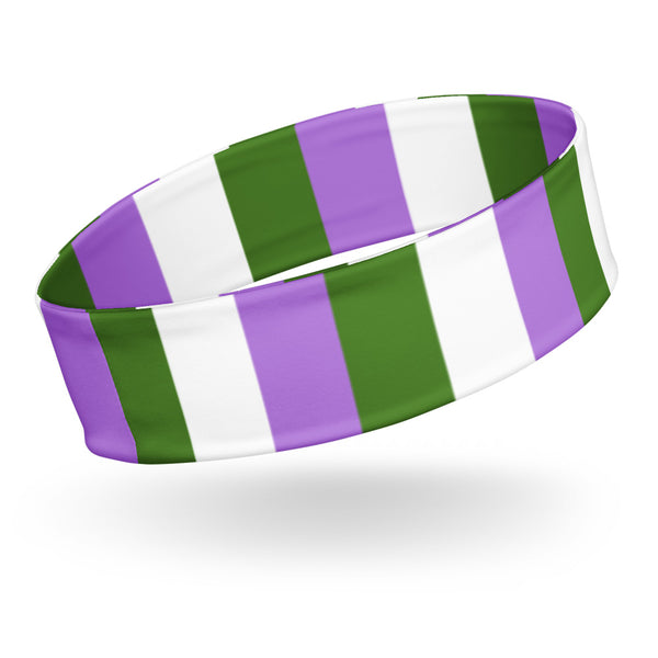 Genderqueer pride headband shown at an angle with purple, green, and white stripes