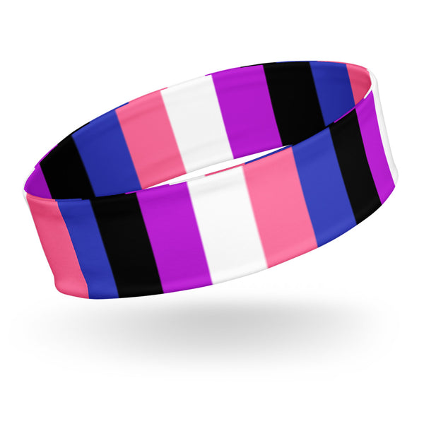 Angled close-up of a genderfluid pride headband with pink, white, purple, blue, and black stripes