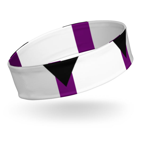 Angled product view of a wide white headband with black and purple geometric stripes