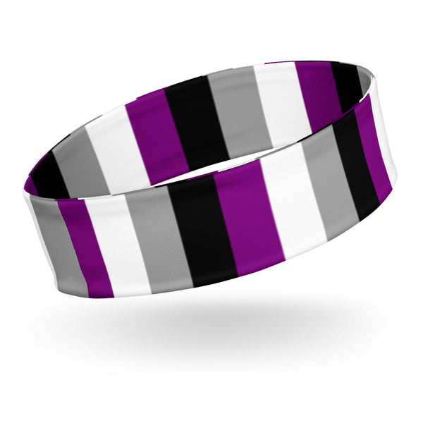 Asexual pride headband shown at an angle with alternating purple, black, gray, and white stripes