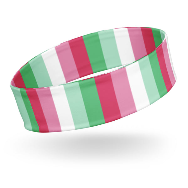 Abrosexual pride headband shown at an angle with vertical green, white, and pink stripes