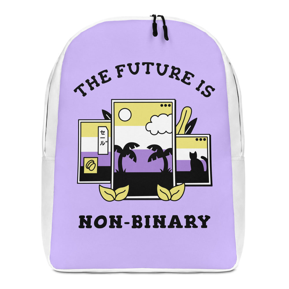 Front view of a lavender backpack reading “THE FUTURE IS NON-BINARY” with a colorful window illustration