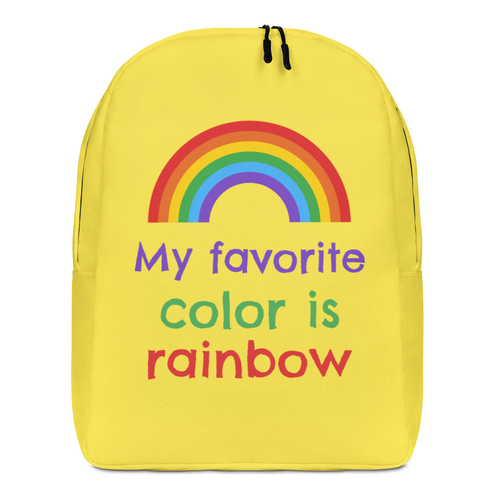 Front view of a yellow backpack with a rainbow and the words “My favorite color is rainbow”