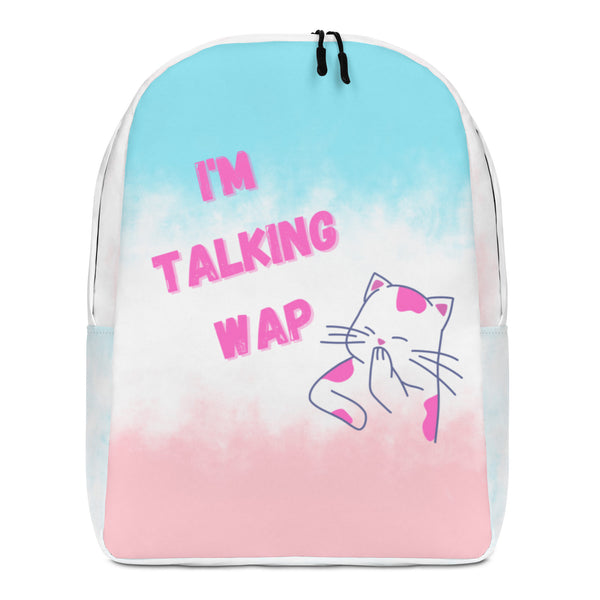 Front view of a pastel backpack reading “I’M TALKING WAP,” with a pink-and-white cat graphic