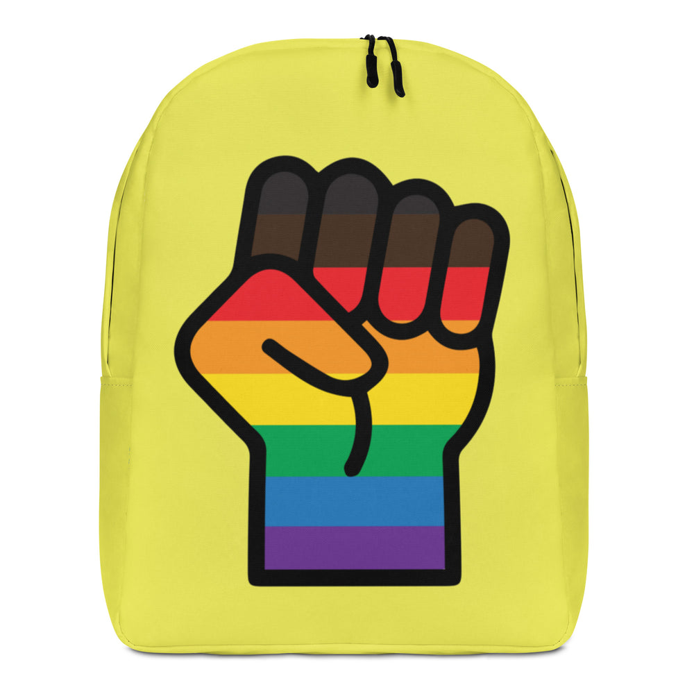 Front-facing yellow backpack with a raised fist in rainbow Pride stripes