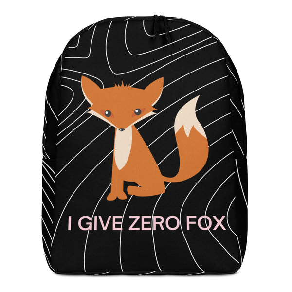 Front view of a black backpack with white lines, an orange fox, and pink “I GIVE ZERO FOX” text