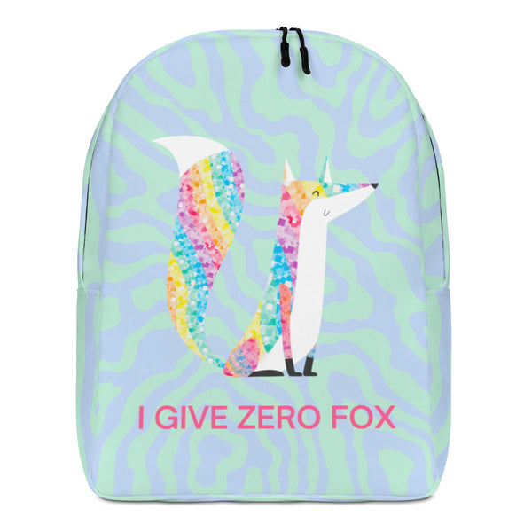 Front-facing backpack with pastel squiggle pattern, glittery fox graphic, and “I GIVE ZERO FOX” text