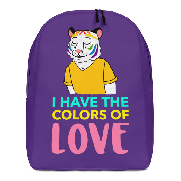 Front view of a purple backpack with a colorful tiger and “I HAVE THE COLORS OF LOVE” text