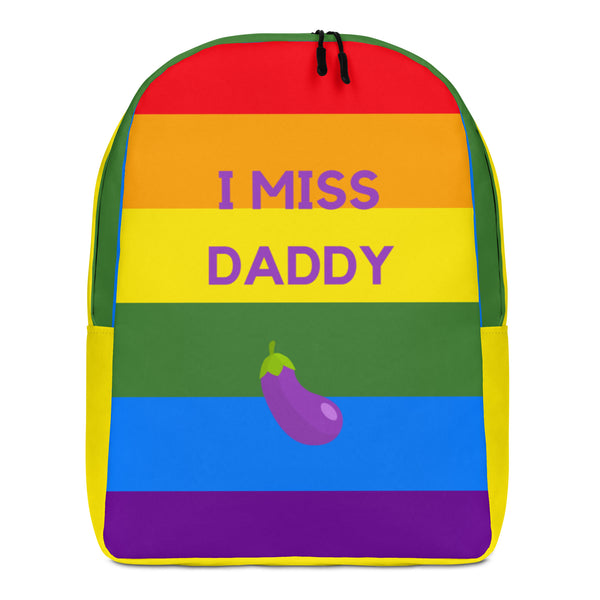 Front view of a rainbow-striped backpack reading “I MISS DADDY,” with an eggplant graphic