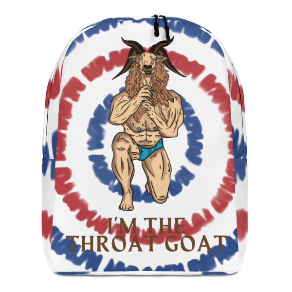 Front view of a white backpack with a goat illustration and “I'M THE THROAT GOAT” text