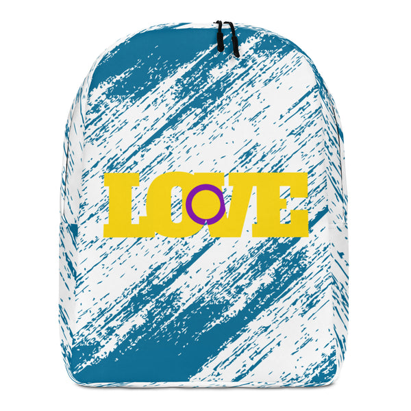 Front view of a white and teal brushstroke backpack with yellow LOVE lettering and a purple heart-shaped O