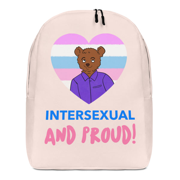 Front-facing pale pink backpack with a heart-shaped bear graphic and “INTERSEXUAL AND PROUD!” text