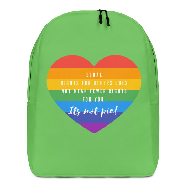 Front view of a bright green backpack with a rainbow heart and equality message, “It’s not pie!”