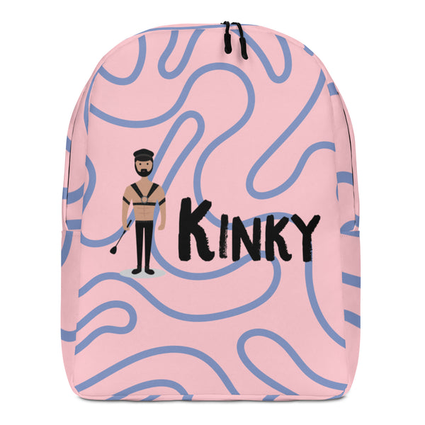 Front-facing pink backpack with blue squiggles, a leather-clad figure, and bold “KINKY” text