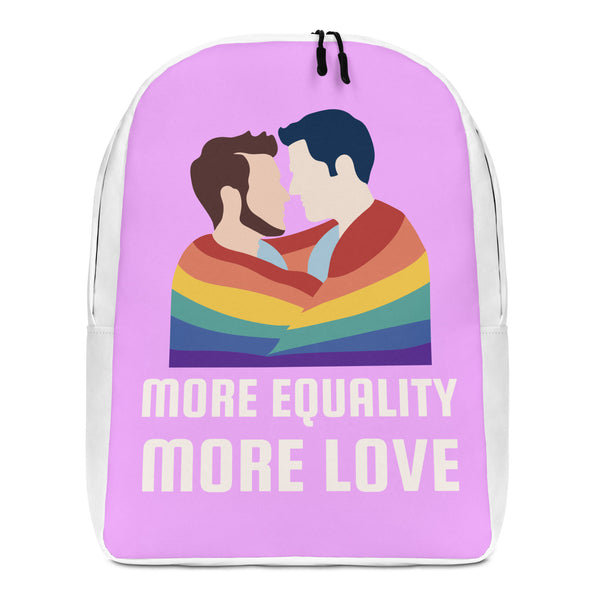 Front-facing pink backpack showing two men kissing beneath a rainbow and “MORE EQUALITY MORE LOVE”