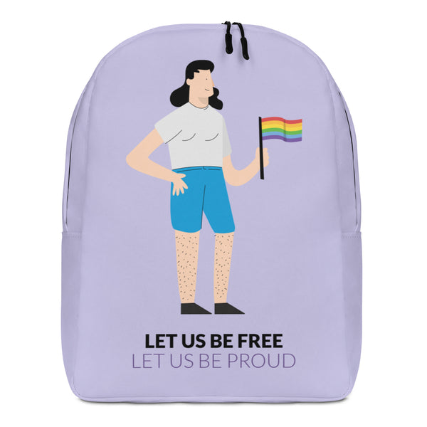 Front view of a lavender backpack showing a person holding a rainbow Pride flag and text, “LET US BE FREE LET US BE PROUD.”