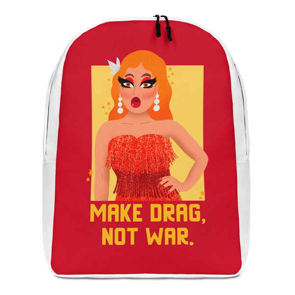 Front view of a red backpack with a drag performer graphic and “MAKE DRAG, NOT WAR.”