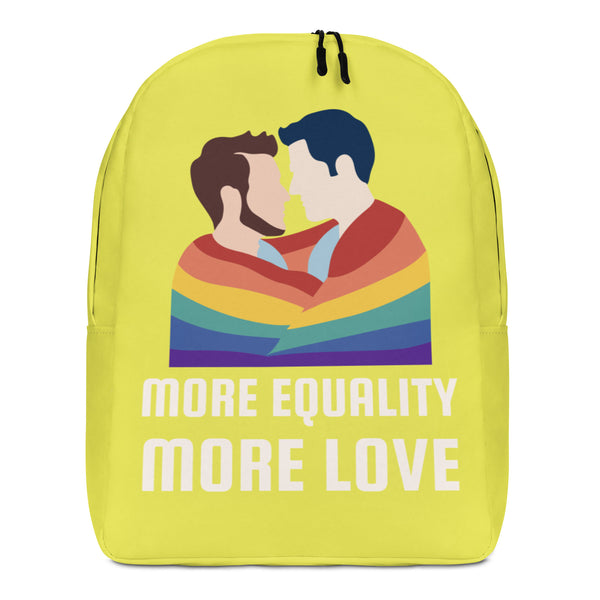 Bright yellow backpack with two people kissing above rainbow stripes and “MORE EQUALITY MORE LOVE” text