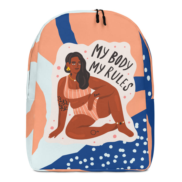 Front view of a peach, blue, and white backpack reading “My Body My Rules,” with a seated woman illustration