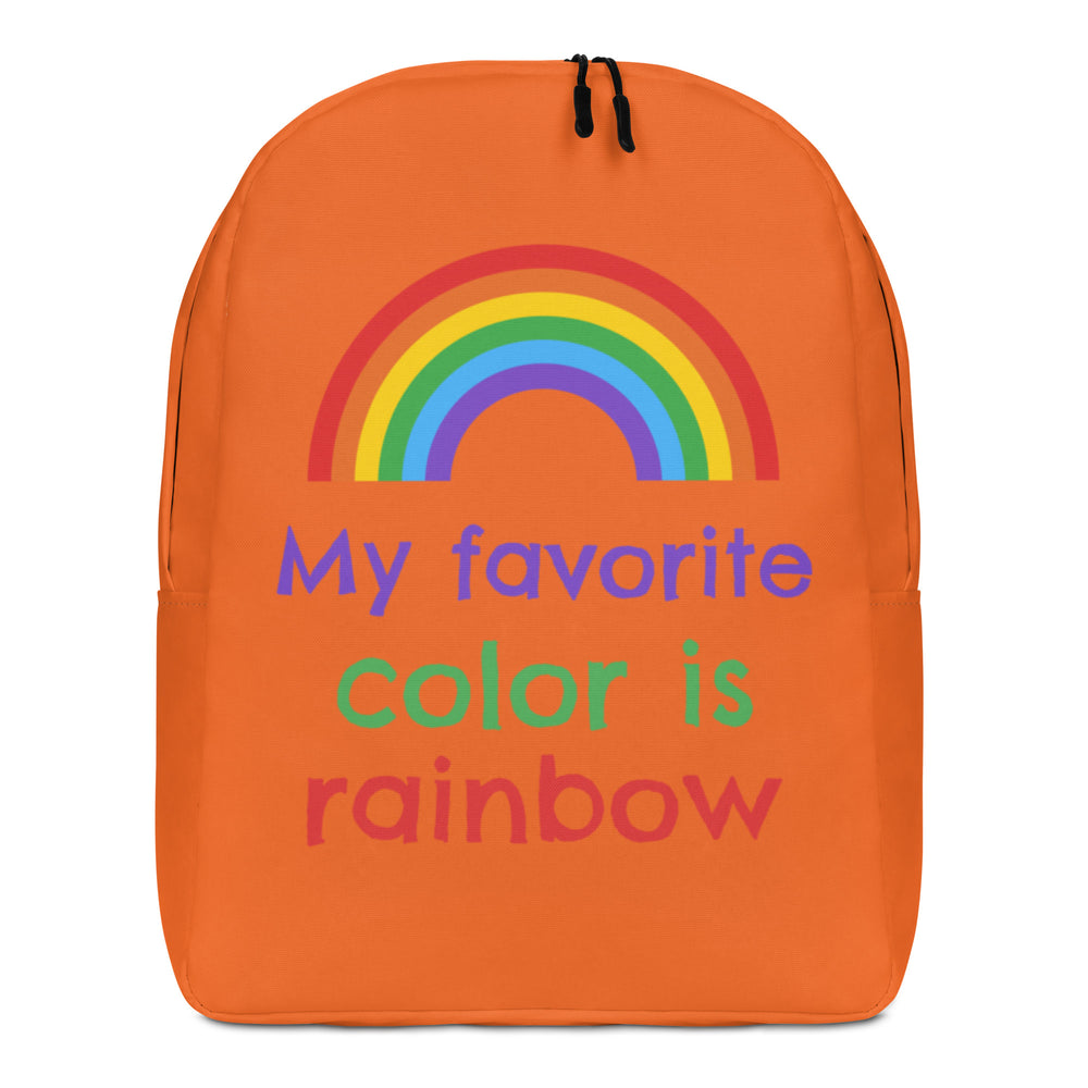Front-facing orange backpack with a rainbow and the words “My favorite color is rainbow”
